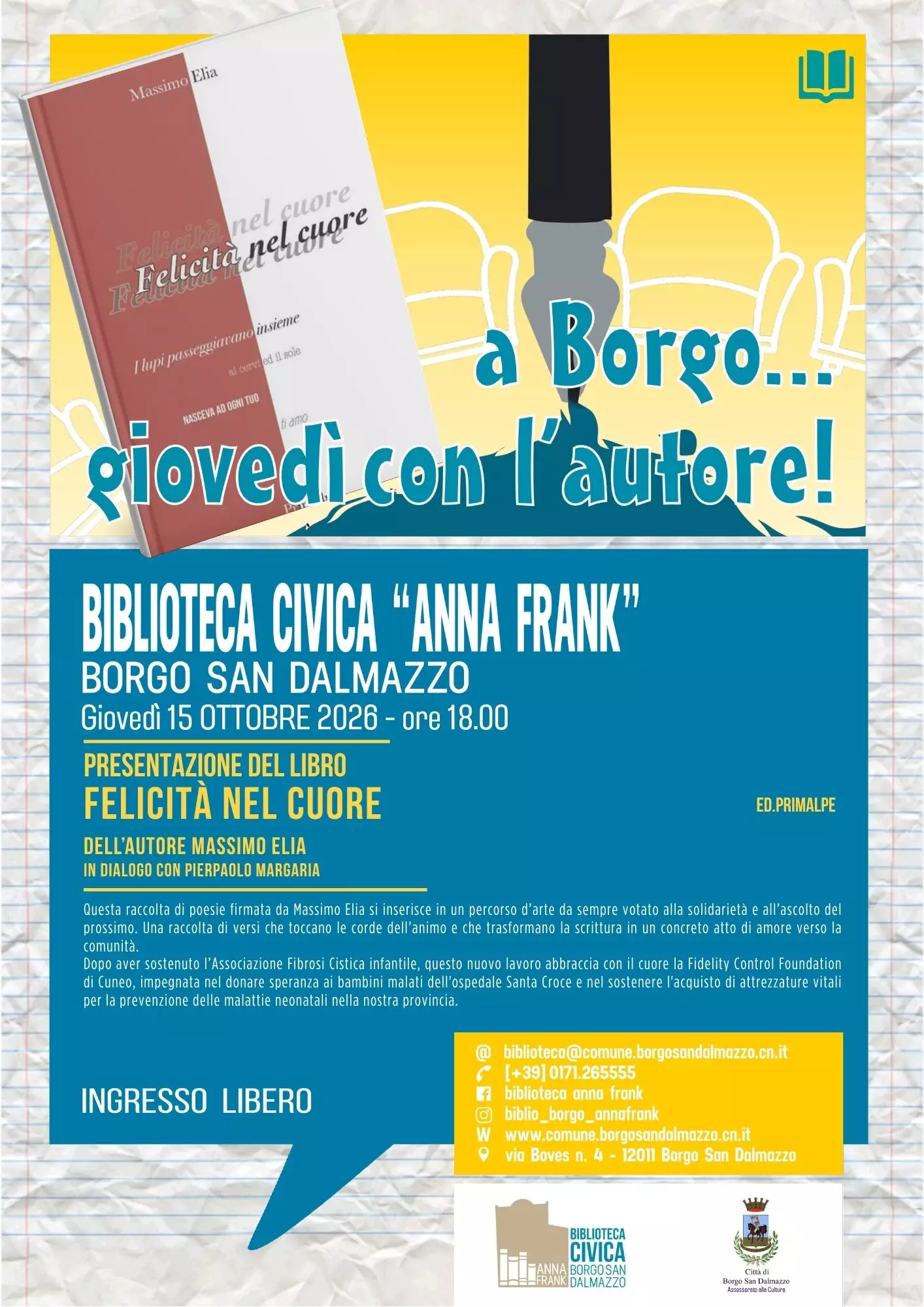La locandina dell'appuntamento con l’autore Massimo Elia e la sua nuova raccolta poetica